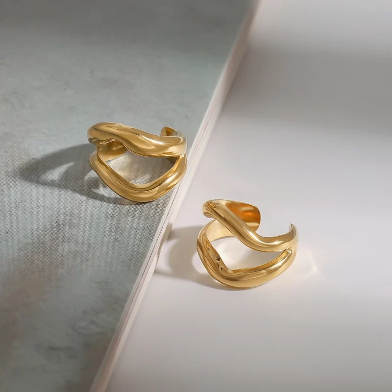 18K Gold Stainless Steel J&D 18K Gold Stainless Steel 2 Lines Smooth High Polished Minimalist Ear Cuff - Image 5
