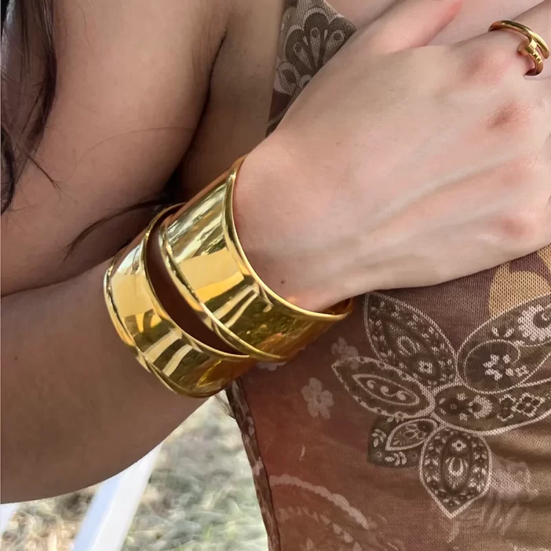 18K PVD Gold Plated Silver Wide Hammered Texture and V Gap Opening Irregular Shape Cuff Bangle for Women - Image 3