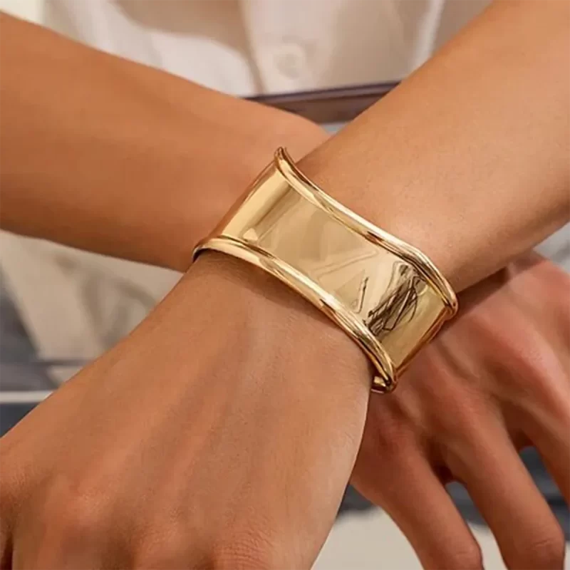 18K PVD Gold Plated Silver Wide Hammered Texture and V Gap Opening Irregular Shape Cuff Bangle for Women - Image 2