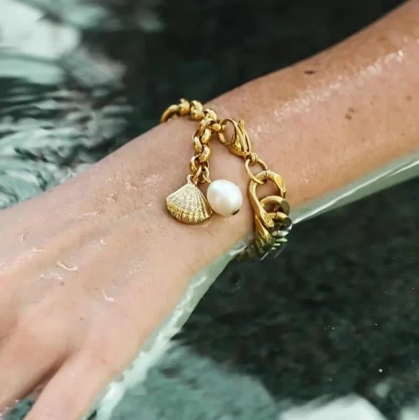 18K Gold Plated Stainless Steel Shell Freshwater Pearl Bracelets For Women Men Double Cuban Chain Chunky Bracelets Party Jewelry - Image 2