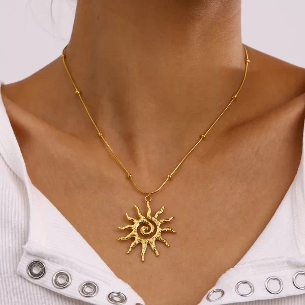 J&D 18k Gold Stainless Steel Spiral Sun Pendant Necklace 40+5cm - Image 2