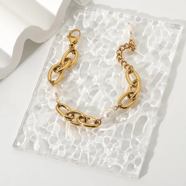 18K Gold Plated Stainless Steel Baroque Freshwater Bracelets For Women 12mm Wide Oval Chain Chunky Bracelets Party Jewelry - Image 5