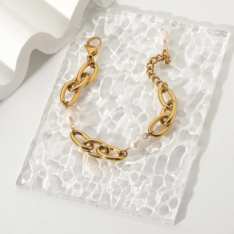 18K Gold Plated Stainless Steel Baroque Freshwater Bracelets For Women 12mm Wide Oval Chain Chunky Bracelets Party Jewelry - Image 5