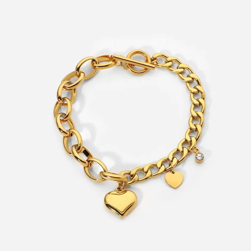 Steel Chunky Cuban Chain Bracelet Bangles With Sweet Zircon Heart Charm 18k Gold Plated OT Buckle Fashion Jewelry
