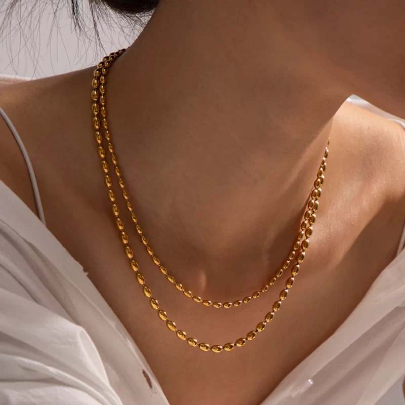 J&D Jewelry Waterproof 18K Gold Plated Stainless Steel Double Layer Oval Bead Chain Necklace for Women - Image 3