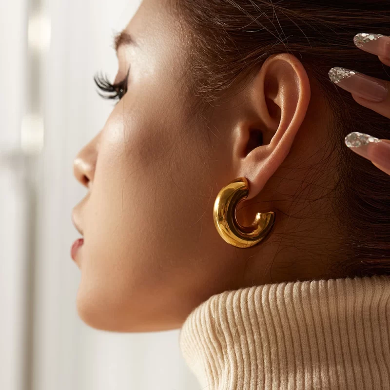 18K Gold Plated Stainless Steel Jewelry Gift Geometric Silver Color Square C Earrings for Women - Image 3