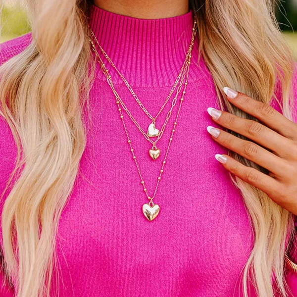 J&D Triple Layer Heart Pendant Necklace for Women 18k Gold Plated Stainless Steel Bead Chain Layered Minimalist Jewelry - Image 2