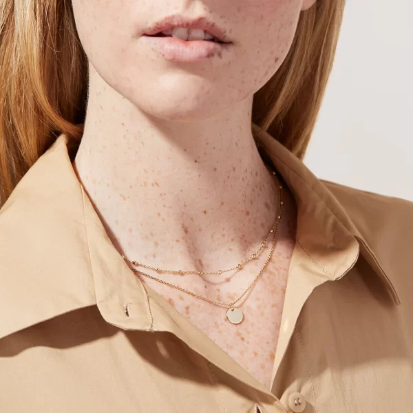 18K Gold Plated Double Layers Stainless Steel Mini Bead Chain Disc Charm Necklace for Girls - Image 3