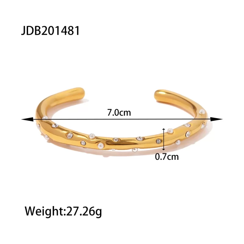 Stainless Steel Pearl Cubic Zirconia Bracelet Geometric Open Cuff Bracelet Minimalist Texture Personalized Jewelry - Image 5