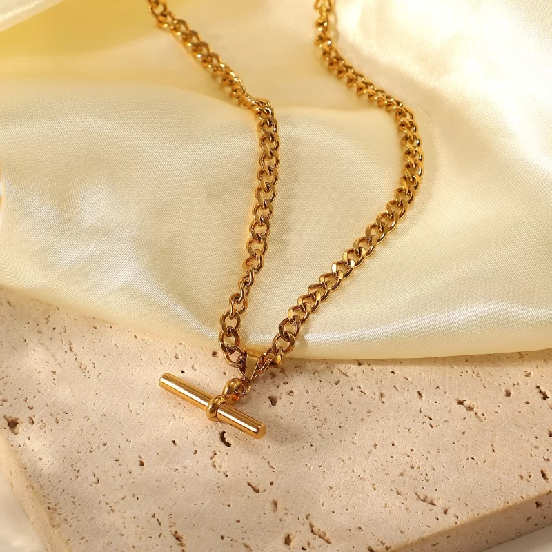Waterproof 18K Gold T-bar Pendant Necklace Gift Stainless Steel T-bar Pendant Necklace for Party - Image 3