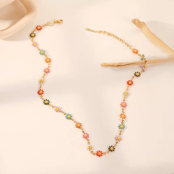 18K Gold Plated Stainless Steel Accessories Charm Colorful Daisy Choker Necklace for Women - Image 3