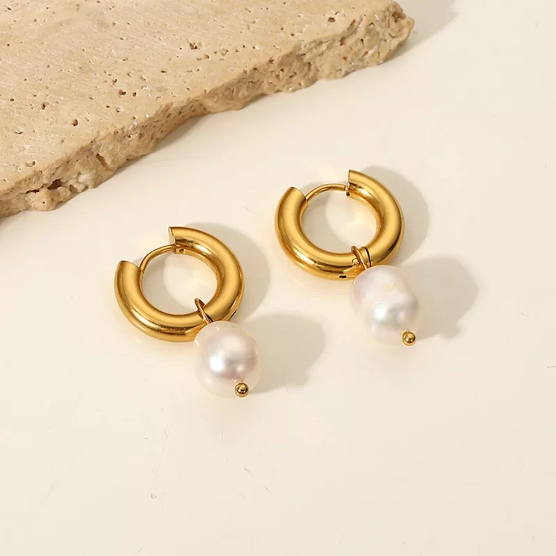 New Trend Geometric Stainless Steel CC Shape Pearl Hoop Earrings Geometric 18K Gold Plated Pearl Hoop Earring for Women - Image 4