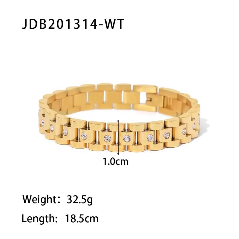New Trendy 18k Gold Plated Stainless Steel Strap Jewelry Waterproof Wide Cubic Zirconia Belt Bracelet - Image 4