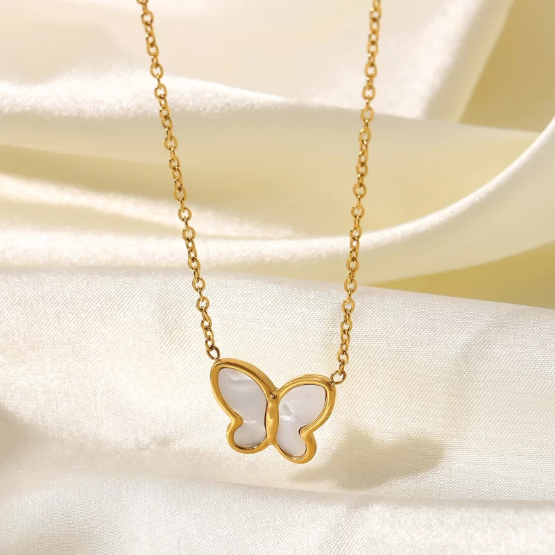 Tarnish Free Shell Butterfly Pendant Necklace For Women 18k Gold Plated Stainless Steel Choker Necklace - Image 3