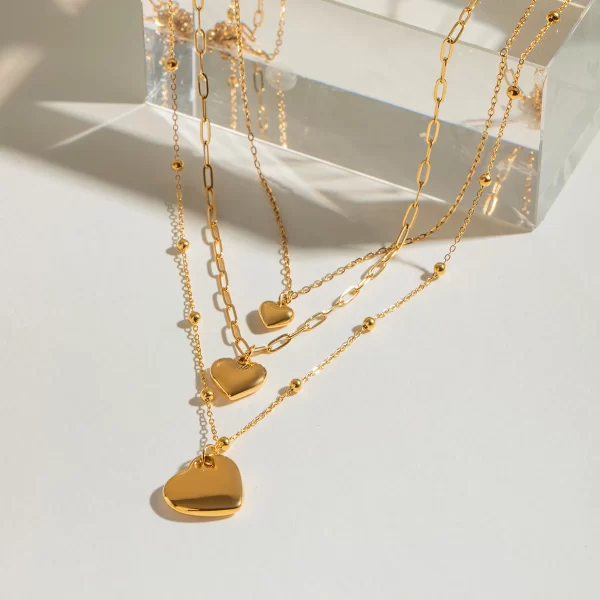 J&D Triple Layer Heart Pendant Necklace for Women 18k Gold Plated Stainless Steel Bead Chain Layered Minimalist Jewelry - Image 5