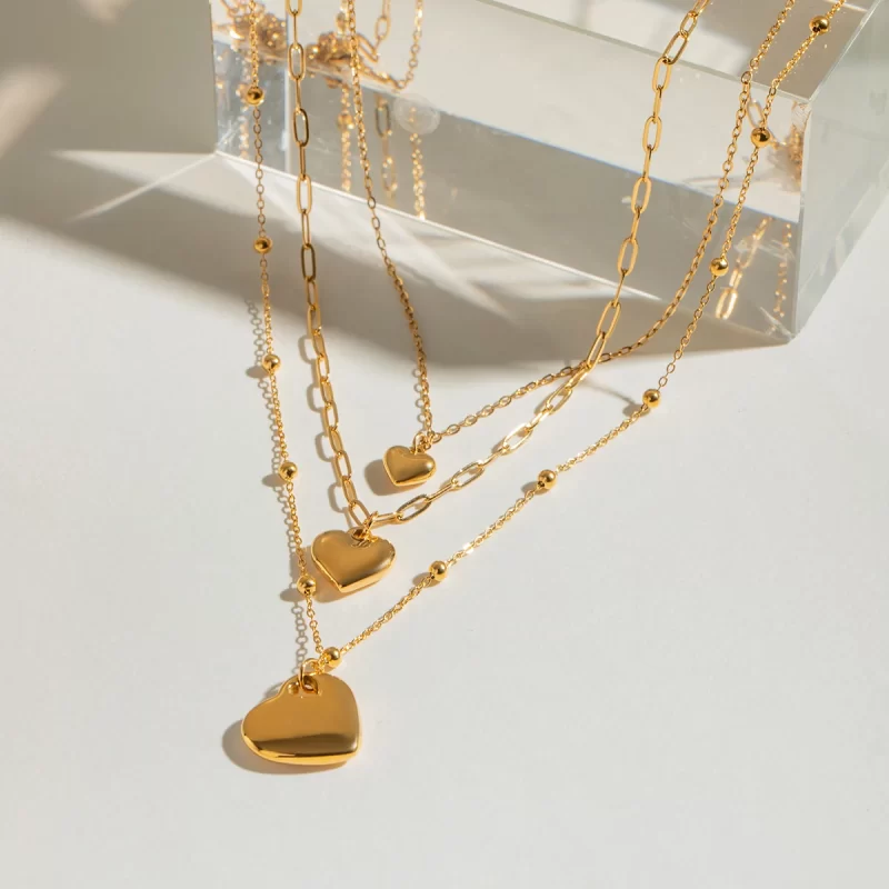 J&D Triple Layer Heart Pendant Necklace for Women 18k Gold Plated Stainless Steel Bead Chain Layered Minimalist Jewelry - Image 5