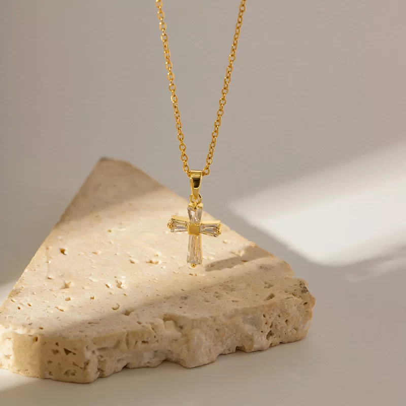 Vintage 18K Gold Plated Clear Cross Zircon Necklace Geometric Cubic Zirconia Crossed Pendant Necklace - Image 5