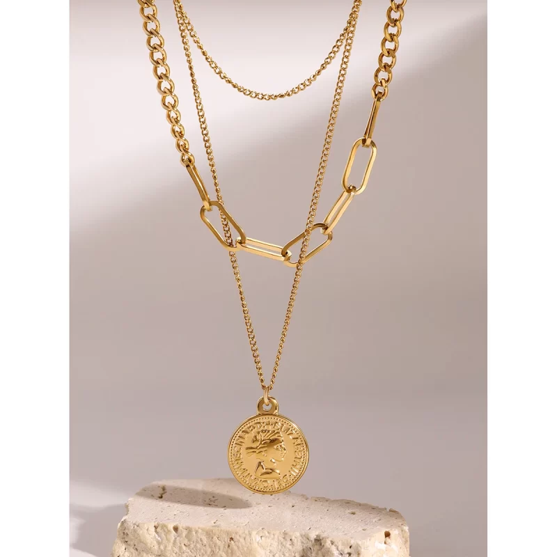 J&D 18k Gold Stainless Steel Layered Coin Pendant Necklace 38/45/50+5cm Trendy