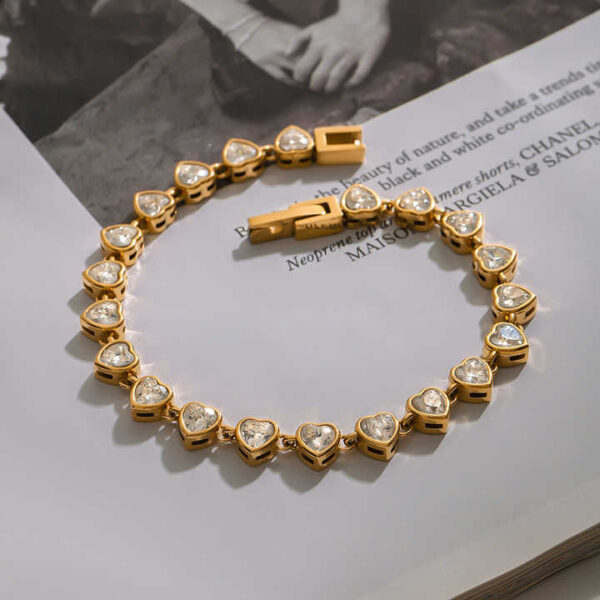 Vintage Stainless Steel Tennis Bracelet with Oval Bezel Diamond Gold Geometric Pattern Heart Shape Fashionable Jewelry Gift - Image 3
