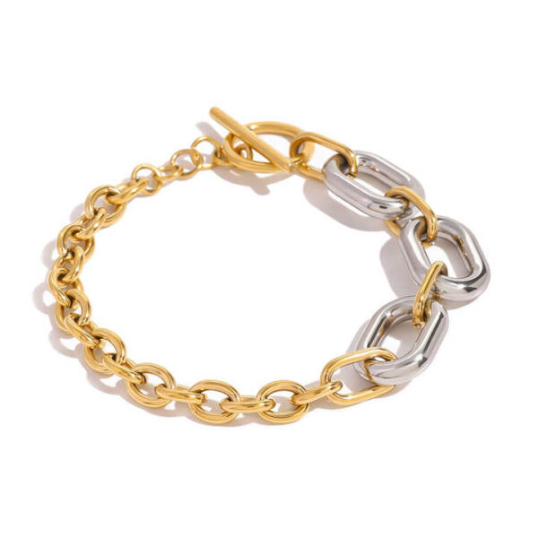 18k Gold Stainless Steel Gold and Silver Color Block Oval Hollow Circle Cross Chain Bracelets