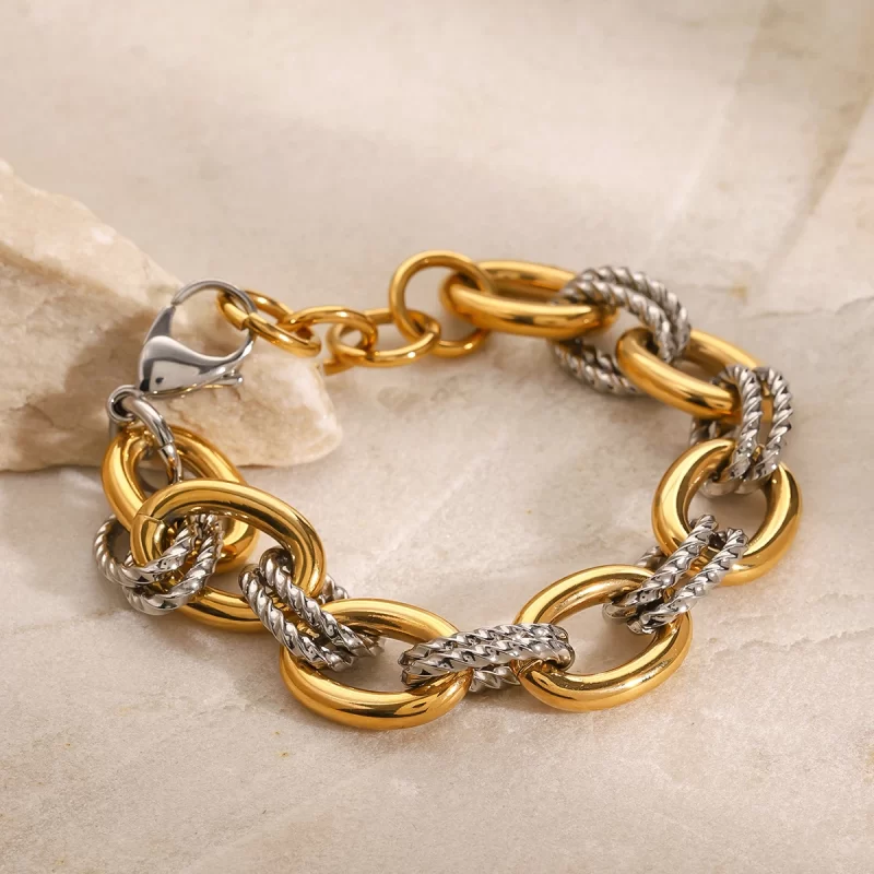 Steel Color Stainless Steel Gold and Silver Color Combination Oval Smooth Twist Bracelet 23cm - Image 4