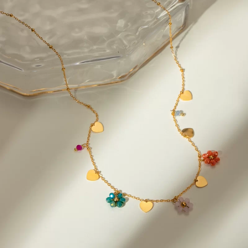 J&D Stainless Steel Chain Colorful Summer Glass Beads Flower Heart Charms Dainty Necklace for Girls - Image 5
