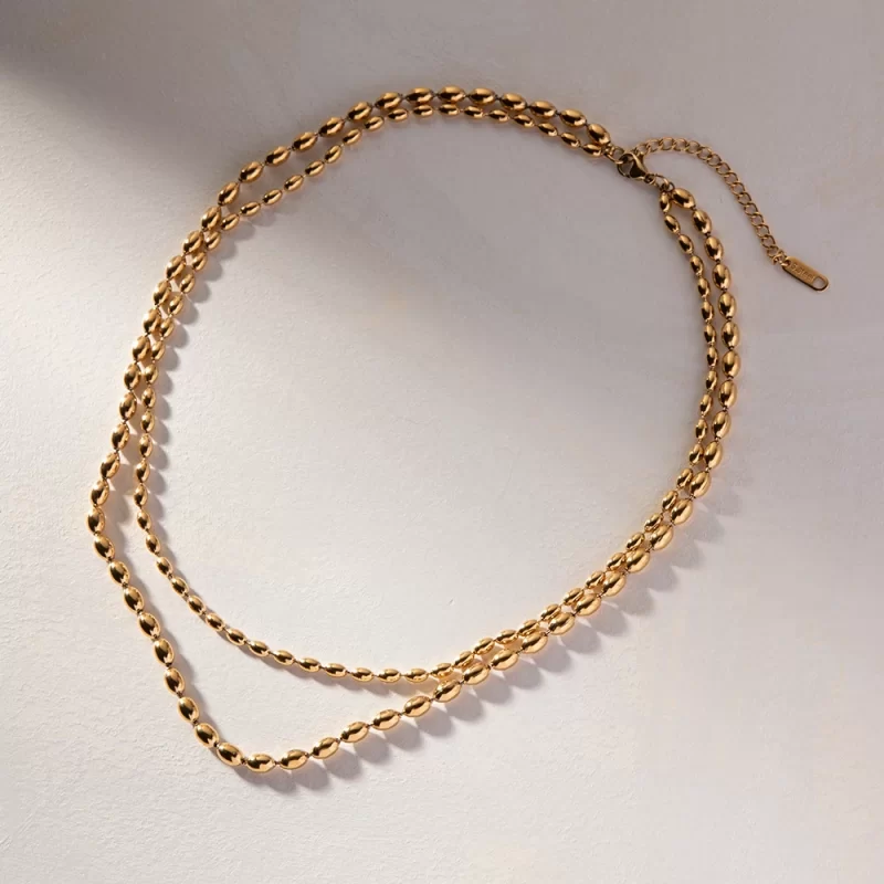 J&D Jewelry Waterproof 18K Gold Plated Stainless Steel Double Layer Oval Bead Chain Necklace for Women - Image 5