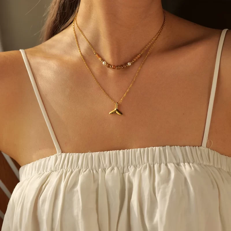 Natural Golden Stone Beaded Pendant Necklace 18K PVD Gold Plated Stainless Steel Double Fishtail Necklace for Women - Image 3