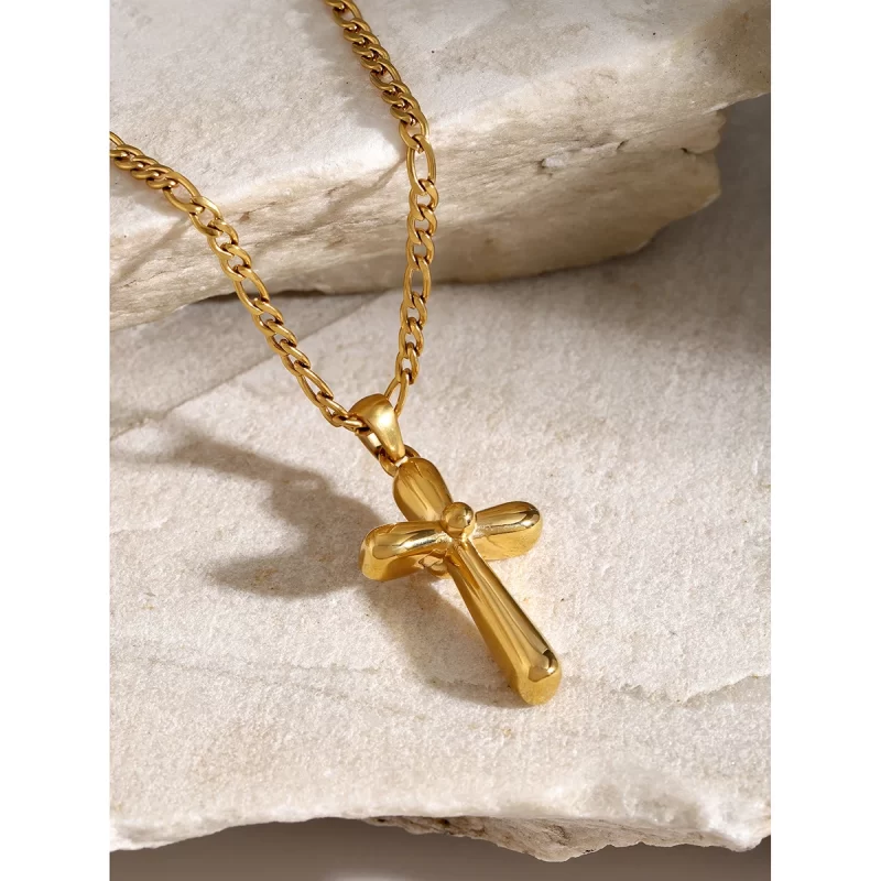 J&D 18K Gold Plated Stainless Steel Cross Necklace 50+5cm Snake Chain with Pearl Trendy Geometric Style for Gift - Image 4