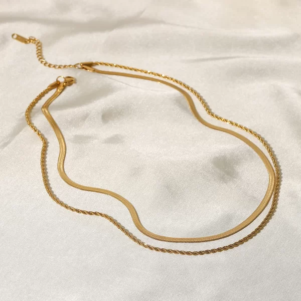 J&D Jewelry Waterproof 18K PVD Gold Plating Also Silver Colorway Two Layers Rope Flat Snake Chain Necklace - Image 5