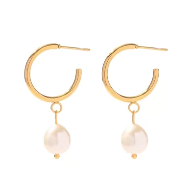 New Trend Geometric Stainless Steel CC Shape Pearl Hoop Earrings Geometric 18K Gold Plated Pearl Hoop Earring for Women
