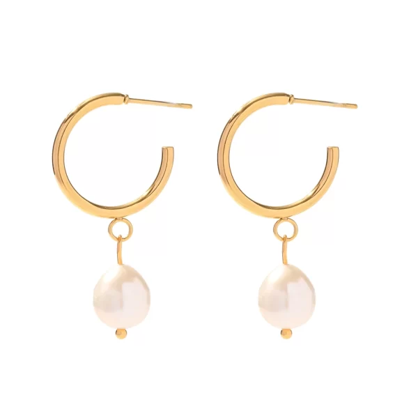 New Trend Geometric Stainless Steel CC Shape Pearl Hoop Earrings Geometric 18K Gold Plated Pearl Hoop Earring for Women