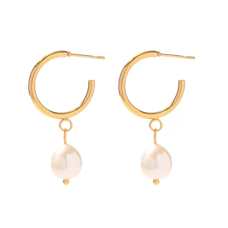New Trend Geometric Stainless Steel CC Shape Pearl Hoop Earrings Geometric 18K Gold Plated Pearl Hoop Earring for Women