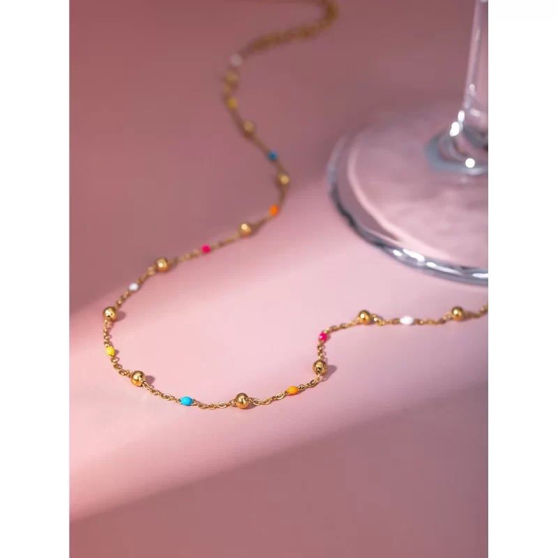 J&D Waterproof 18K Gold Plated Stainless Steel Jewelry Simple Minimalist Colorful Enamel Bead Chain Necklace