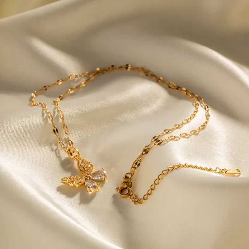 Fashion Jewelry 18K Gold Plated Stainless Steel Clear Cubic Zircon Paved Butterfly Pendant Necklace - Image 3