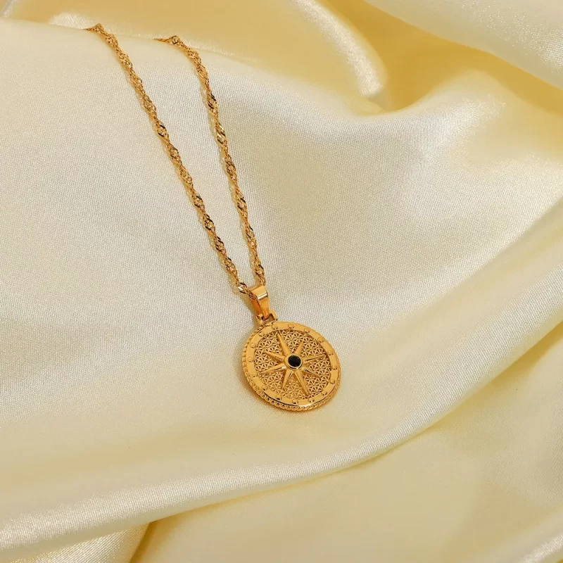 Trendy Titanium Steel Necklace 18K Gold Plating 316l Stainless Steel Round Octagon Signet Black Diamond Necklace - Image 4