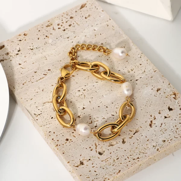 18K Gold Plated Stainless Steel Baroque Freshwater Bracelets For Women 12mm Wide Oval Chain Chunky Bracelets Party Jewelry - Image 4