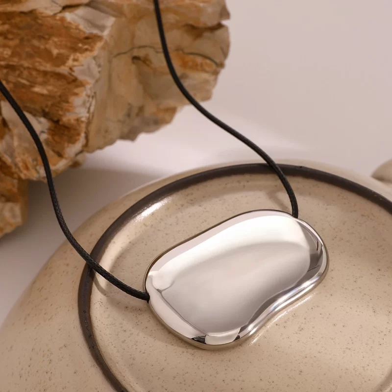 J&D Steel Color Stainless Steel Irregular Large Smooth Pendant Black Cord Necklace Bold Statement 65cm - Image 5