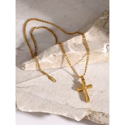 J&D 18K Gold Plated Stainless Steel Cross Necklace 50+5cm Snake Chain with Pearl Trendy Geometric Style for Gift