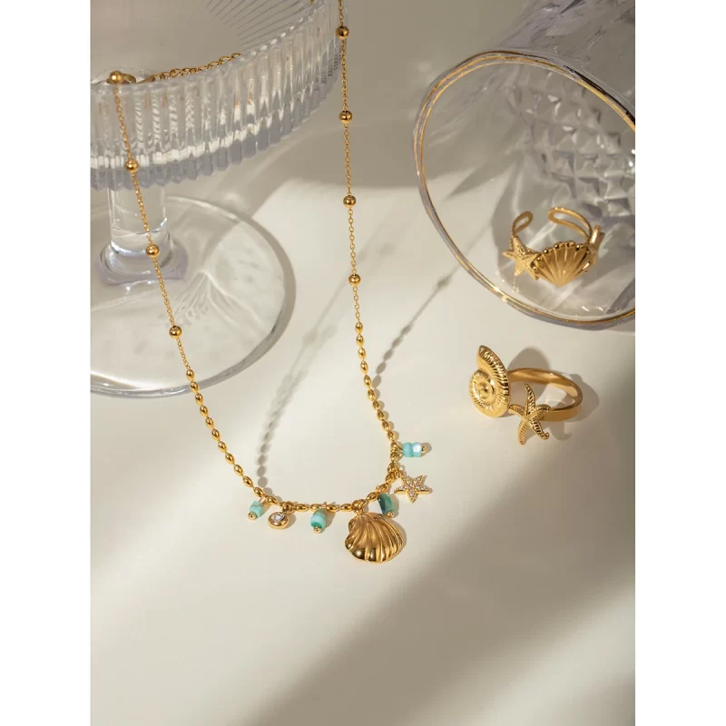 J&D 18K Gold Plated Stainless Steel Crystal Amazonite Shell Star Crystal Inlaid Blue Pendant Necklace, 40+5cm - Image 3