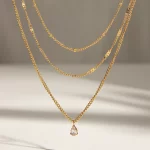 Youthway Statement Fashion Gold Plated Stainless Steel White Zircon Pendant Multi-layer Chain Necklace Waterproof Lady Jewelry