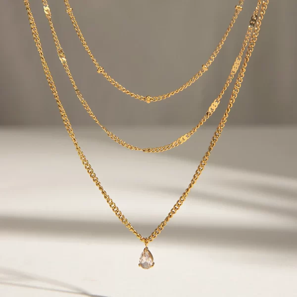 Youthway Statement Fashion Gold Plated Stainless Steel White Zircon Pendant Multi-layer Chain Necklace Waterproof Lady Jewelry