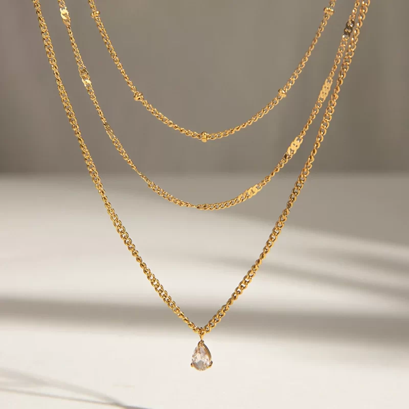 Youthway Statement Fashion Gold Plated Stainless Steel White Zircon Pendant Multi-layer Chain Necklace Waterproof Lady Jewelry
