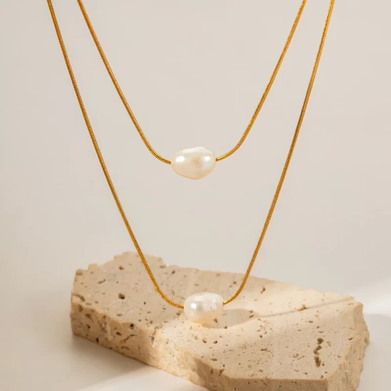 Elegant 18k Gold Plated Double Layered Freshwater Pearl Stainless Steel Pendant Necklace for Women - Image 5