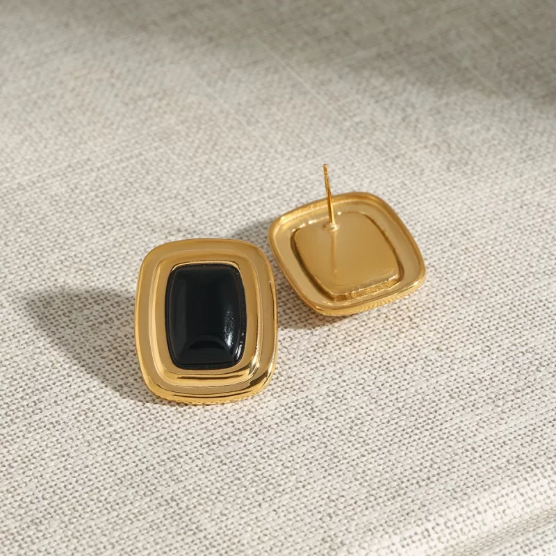?18k Gold Stainless Steel Black Onyx Marquise Cut Earrings French Vintage Style Pair - Image 5