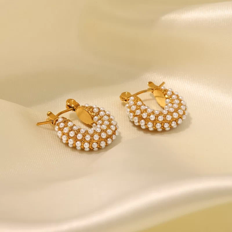 18k Gold Plated Stainless Steel Cubic Zirconia Jewelry Classic Hammered Shape Pearl Hoop Earrings for Girls - Image 2