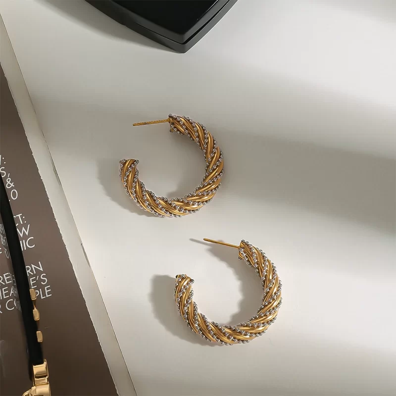 Modern Twisted Rope Hoop Earrings Minimalist C-Shaped Bead Design Two-Tone Stainless Steel Hoop Earrings - Image 5
