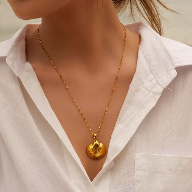 J&D Tarnish Free Stainless Steel Gold Plated Fashion Jewelry Shell Necklaces for Women Moissanite Gold Necklace - Image 3