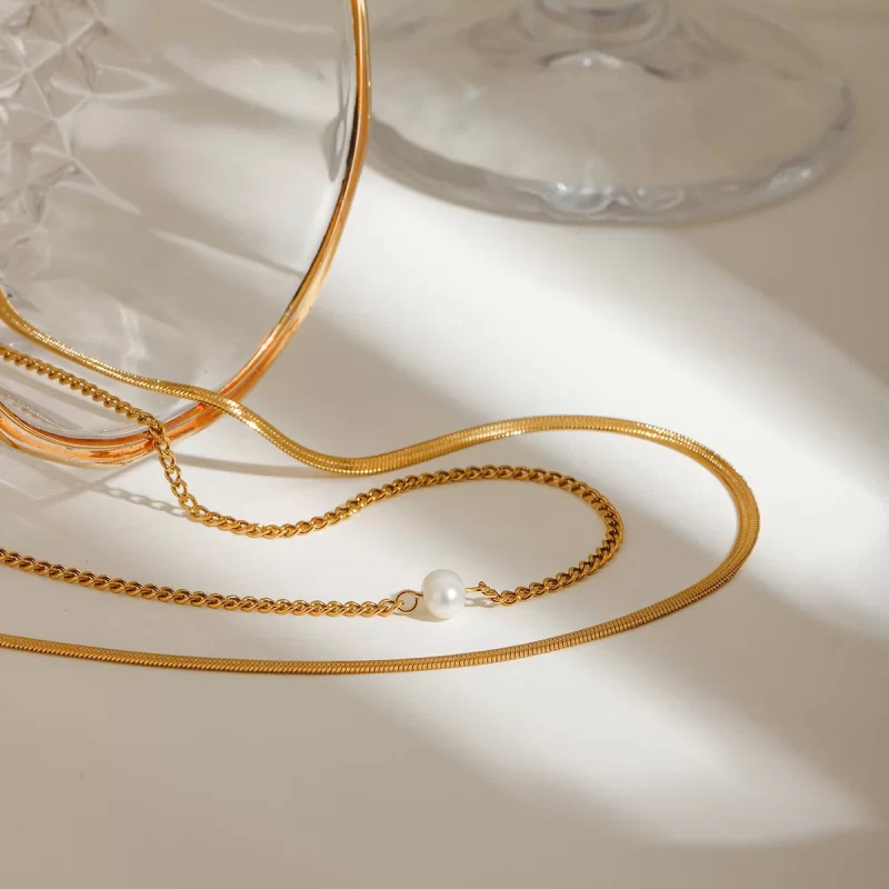 J&D Women 18K Gold Plated Stainless Steel Snake Bone Double Layer Chain Trendy Pearl Link Necklace - Image 4