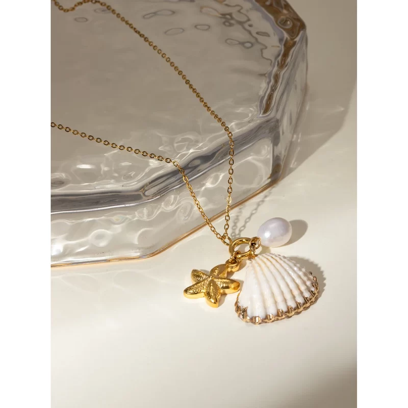 New Trendy Ocean Series 18K PVD Gold Plated Stainless Steel Pearl Starfish Shell Choker Necklace for Women - Image 5